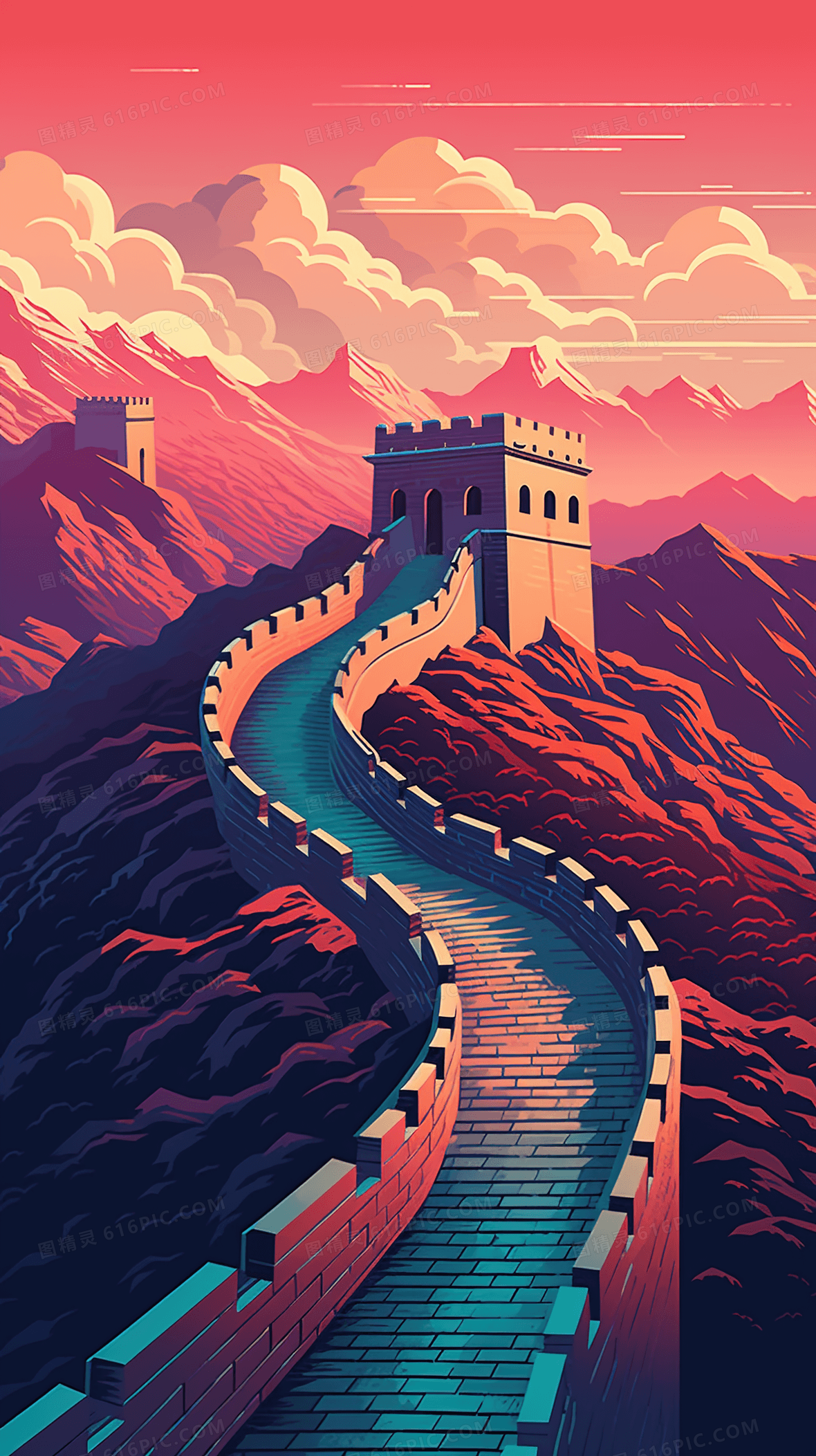 雄伟的万里长城插画图