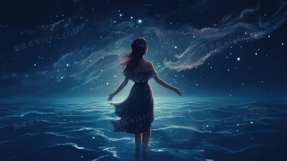 蓝色星空下海上少女人物插画