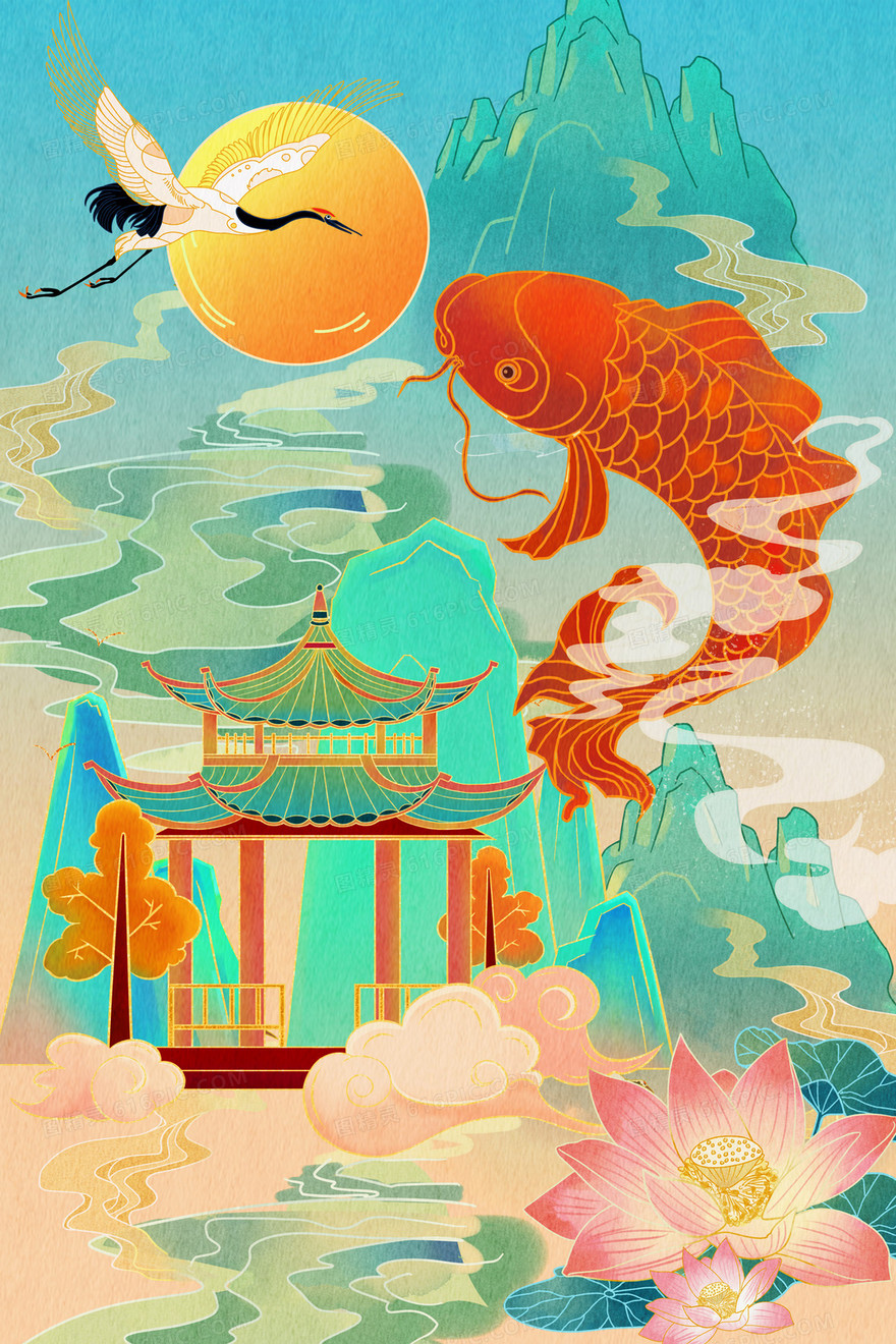 中国传统锦鲤山水中国文化插画