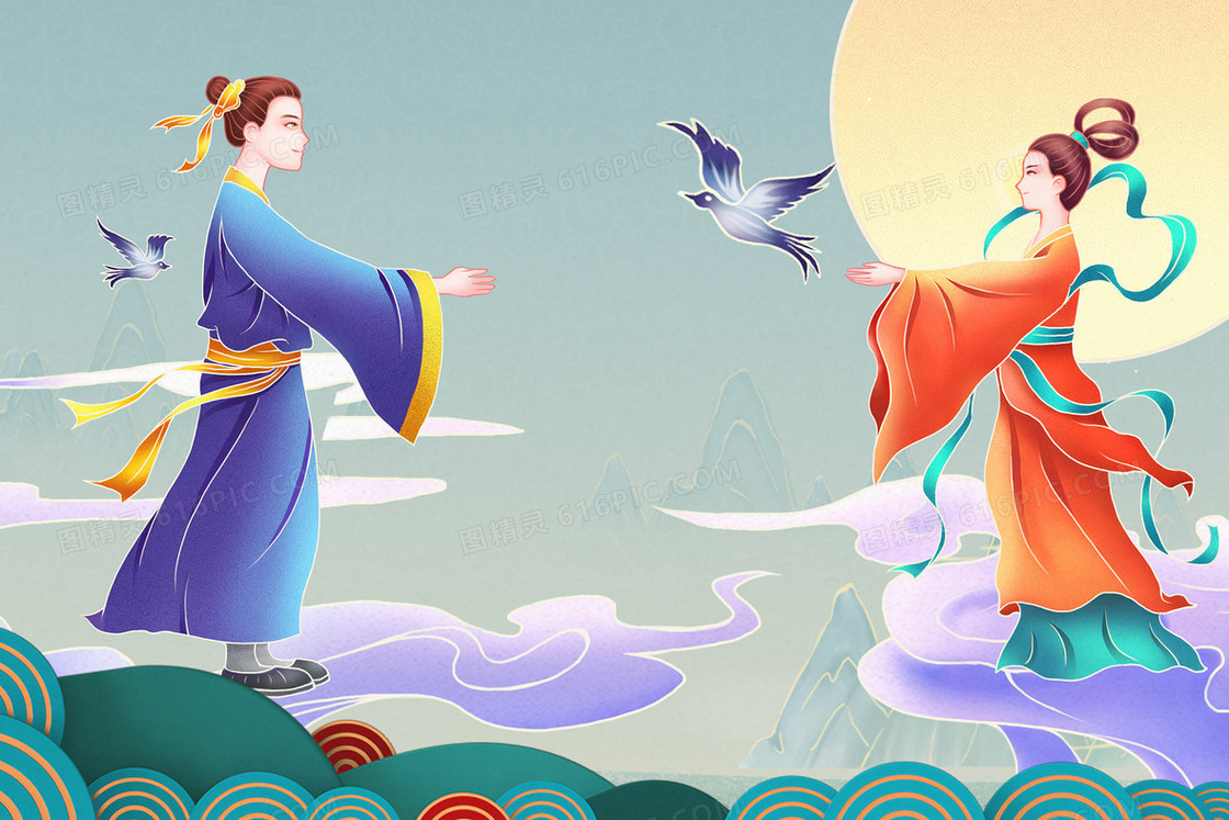 鹊桥牛郎织女卡通七夕插画