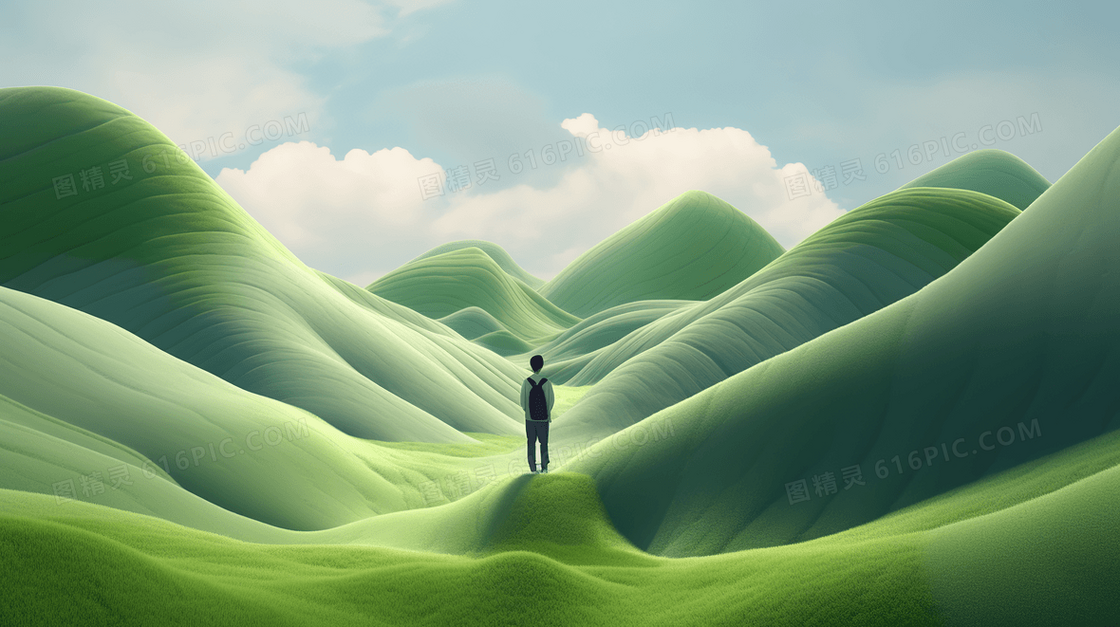 绿色植被波澜起伏山峰人物概念插画