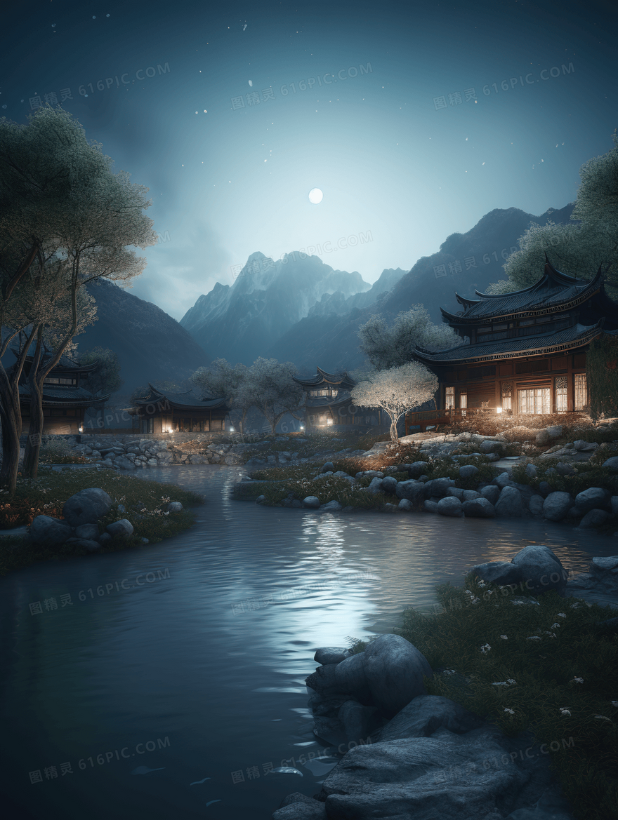 中国风唯美月下古建筑山水风景插画