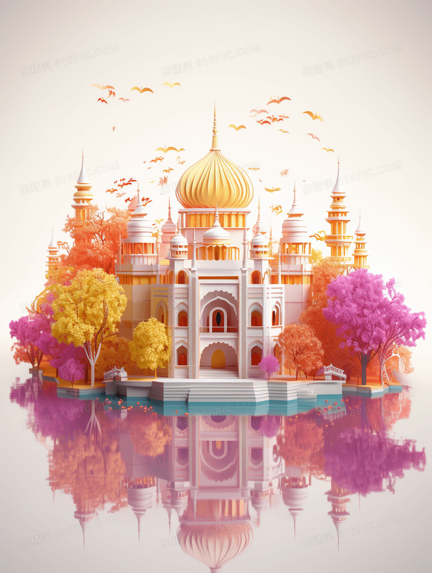 3D立体国潮风建筑风景插画