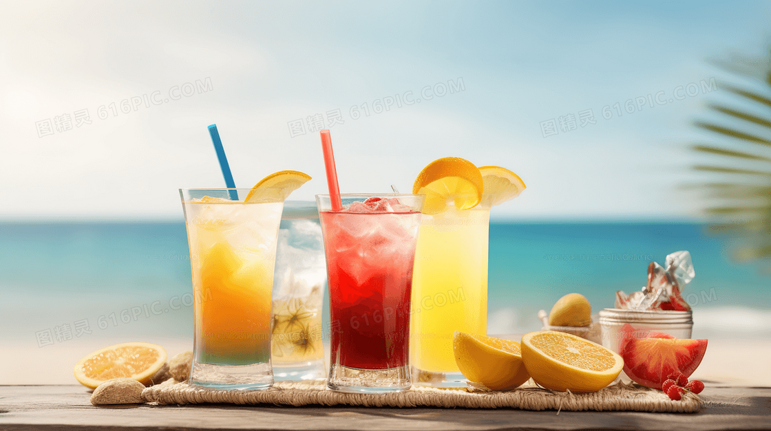 缤纷夏日海边休闲水果饮料图片