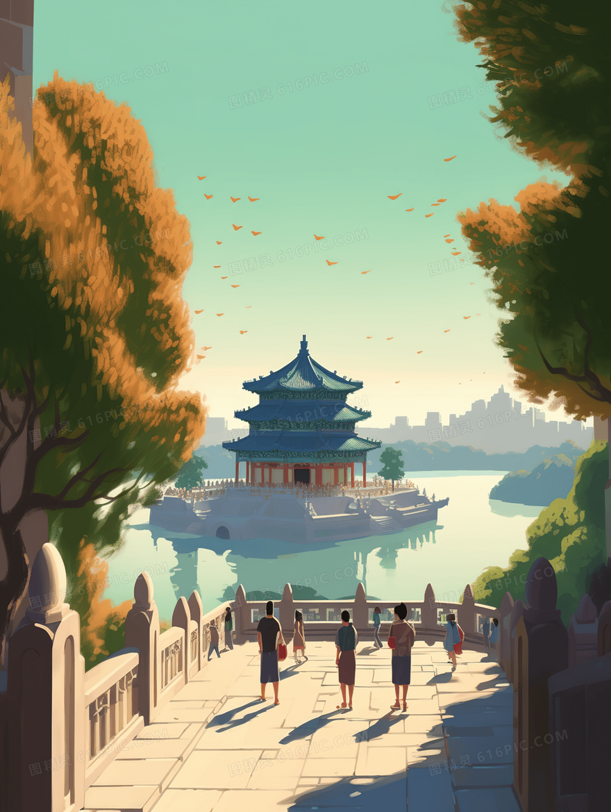 彩色中国风古建筑旅游图片