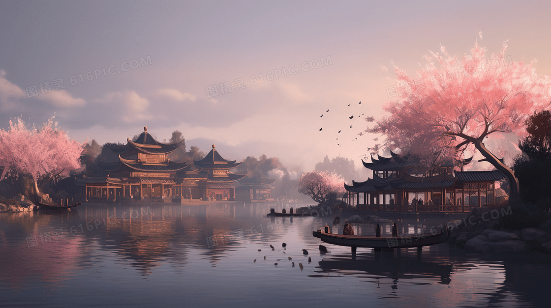 唯美粉色植物风景插画