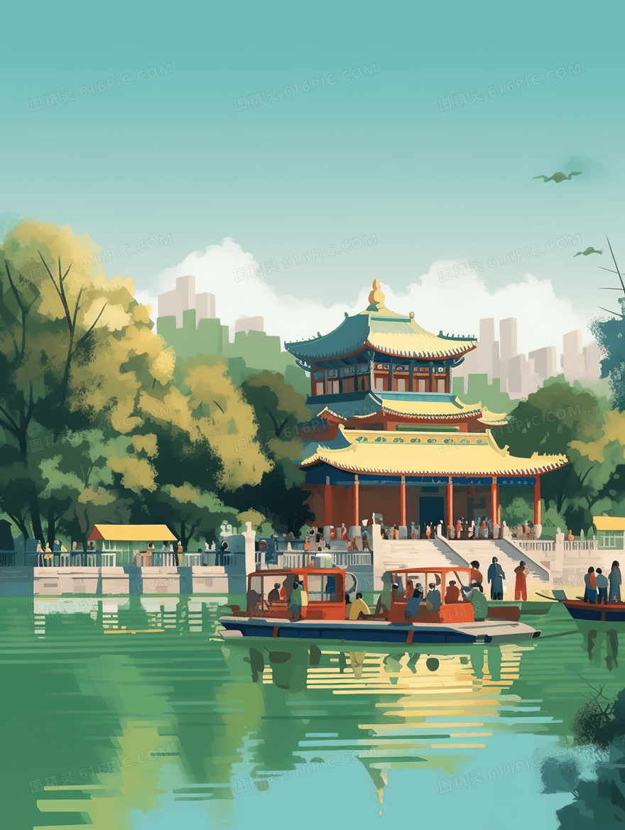 彩色中国风古建筑旅游图片