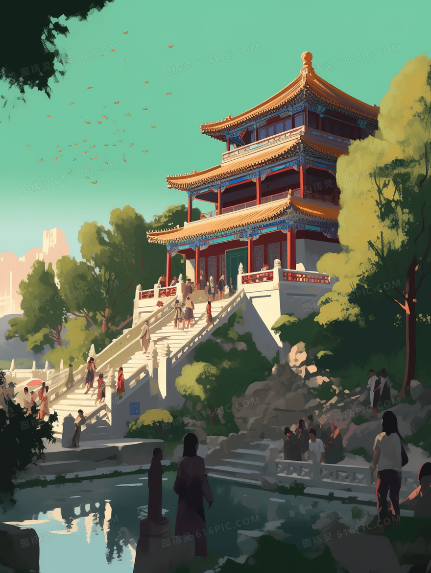 彩色中国风古建筑旅游图片