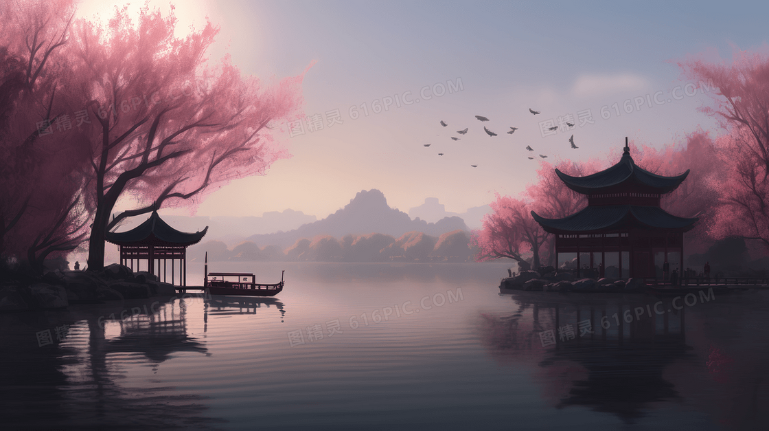 唯美粉色植物风景插画