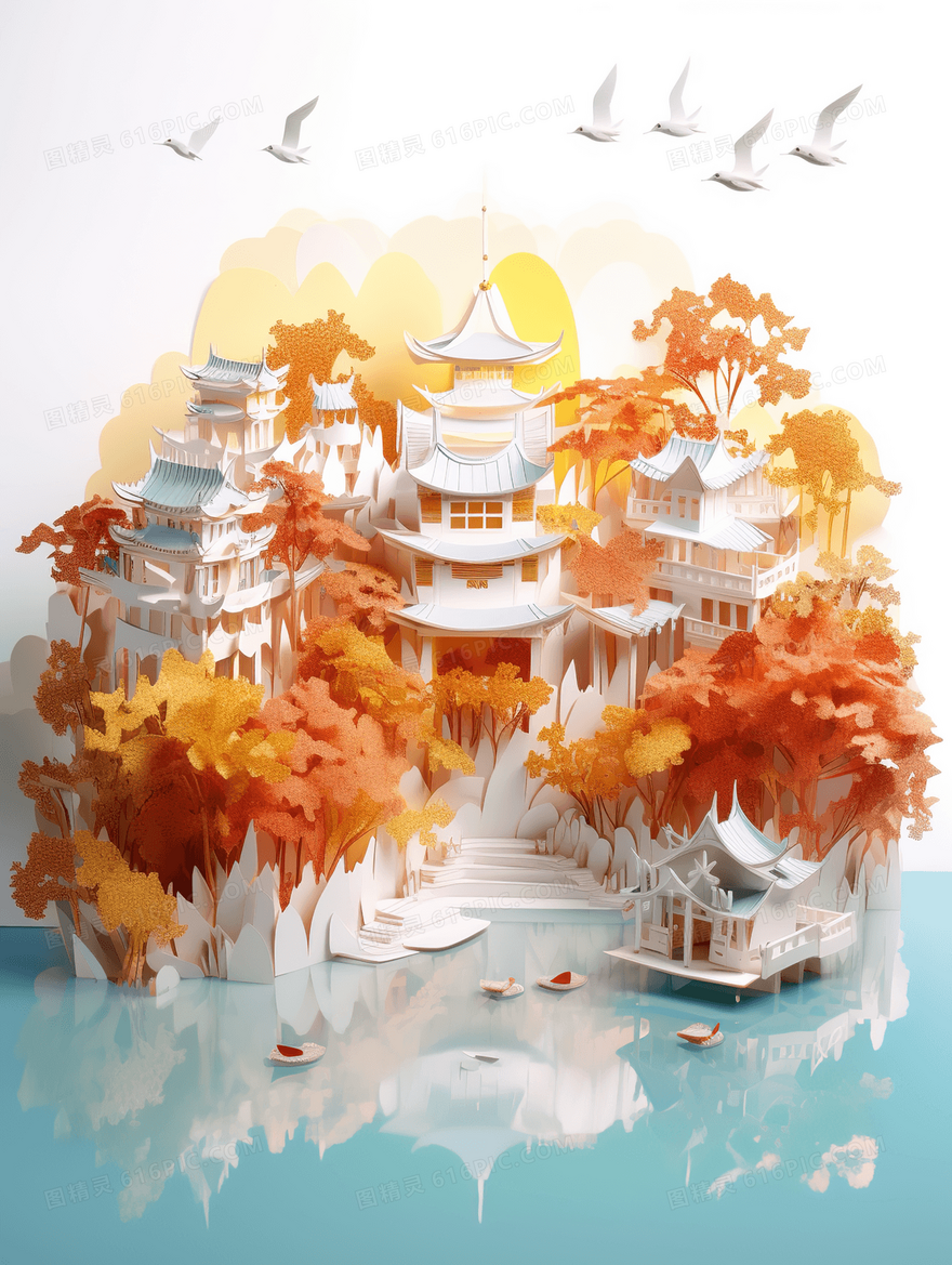 3D立体国潮风建筑风景插画