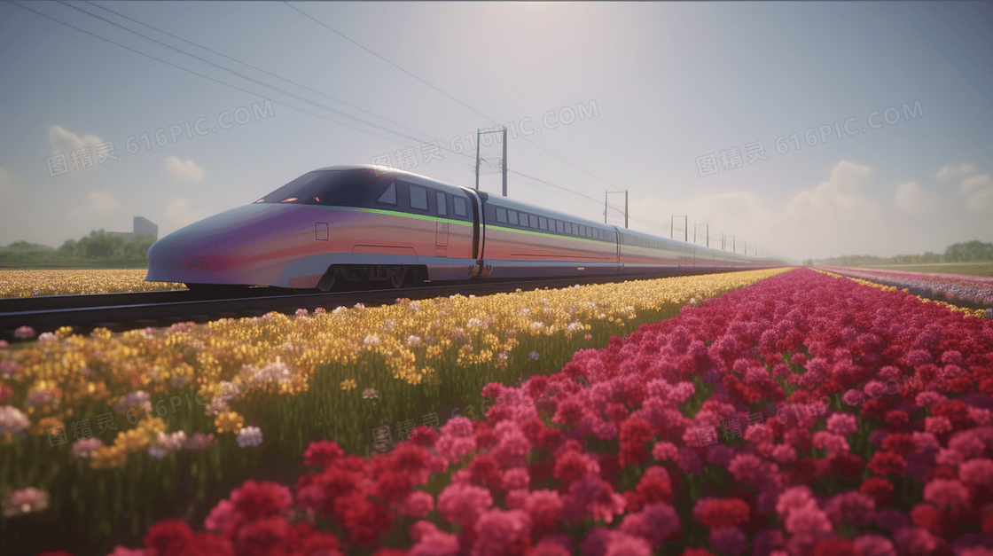 彩色唯美梦幻花园列车风景图片
