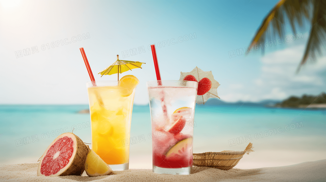 缤纷夏日海边休闲水果饮料图片
