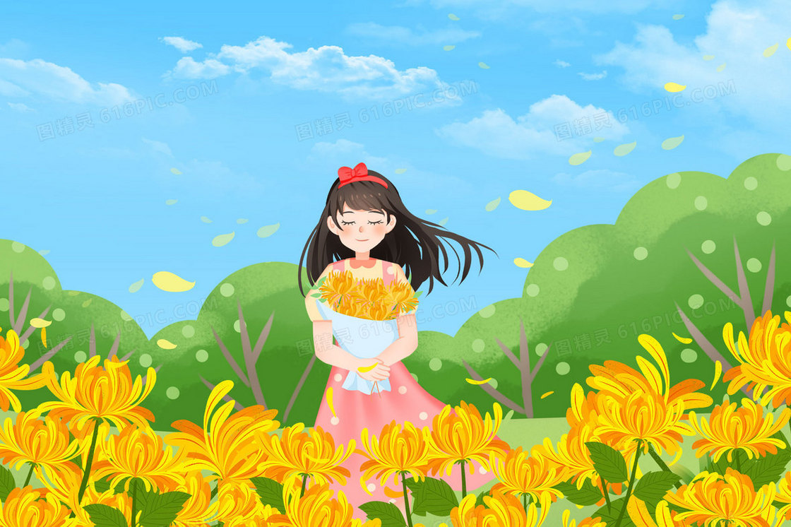 秋天女孩在草坪上捧着菊花手绘插画
