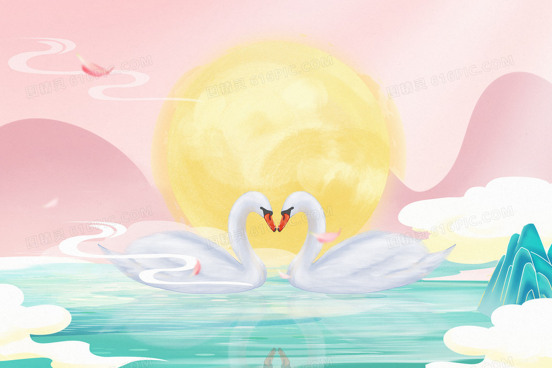 梦幻七夕情人节卡通天鹅插画