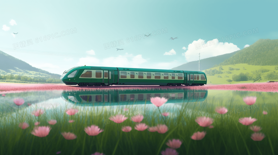 唯美绿皮火车荷花风景插画
