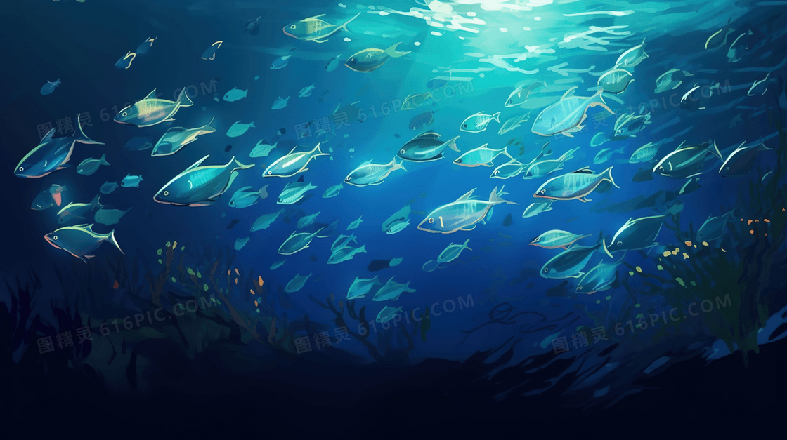 蓝色海洋鱼群生物插画