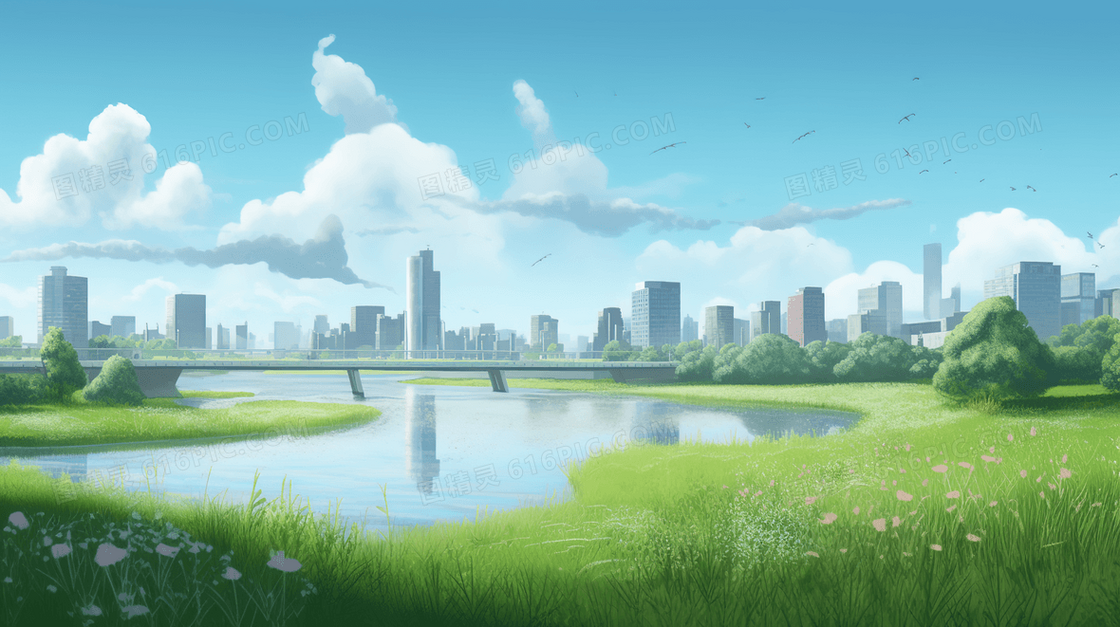 唯美城市绿色植被风景插画