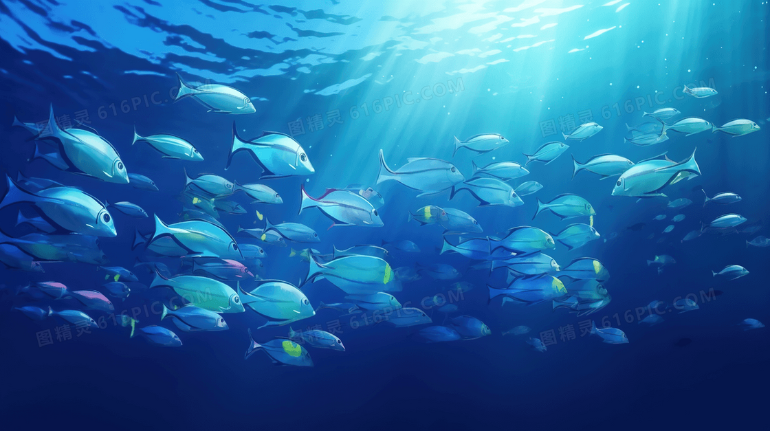 蓝色海洋鱼群生物插画