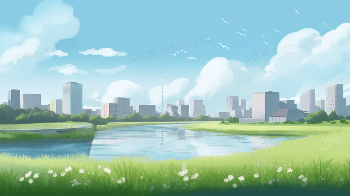 唯美城市绿色植被风景插画