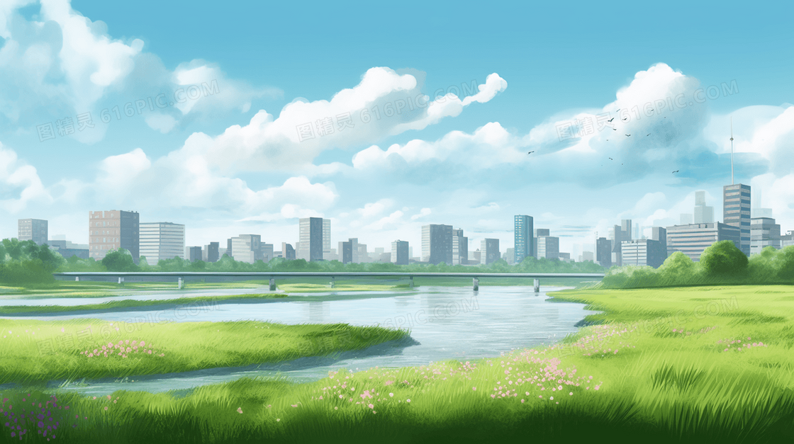 唯美城市绿色植被风景插画
