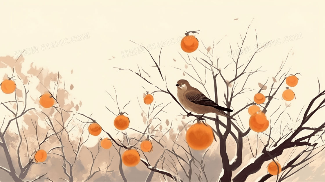 唯美果树枝头小鸟插画