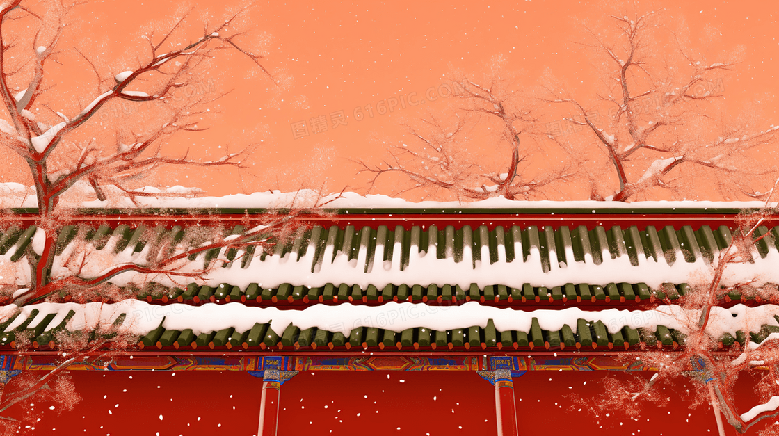 中国风红色城墙下的古树风景插画