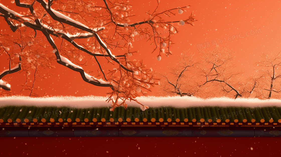 中国风红色城墙下的古树风景插画
