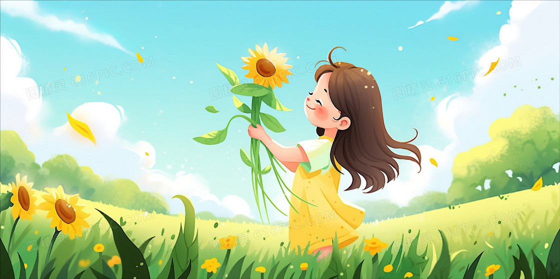 开心的小女孩手拿向日葵插画图片