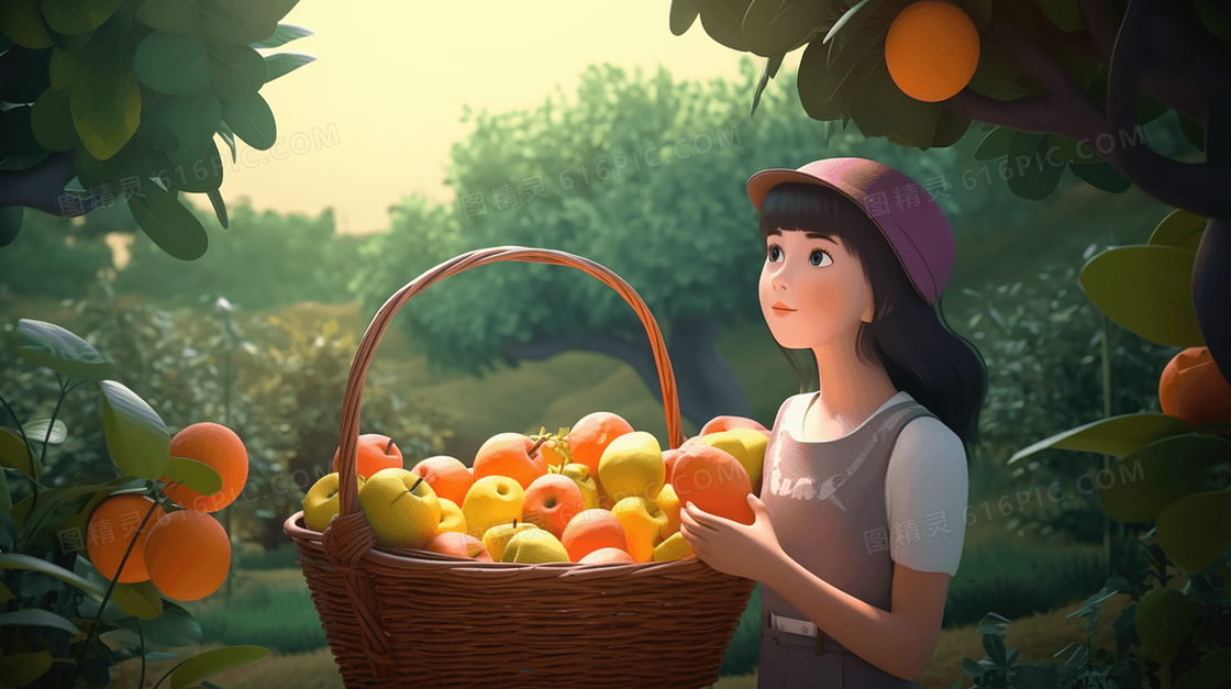 卡通摘水果的小女孩人物插画