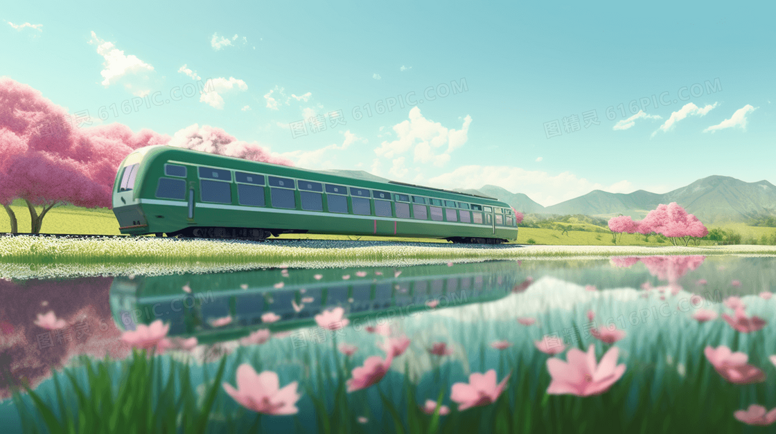 唯美绿皮火车荷花风景插画