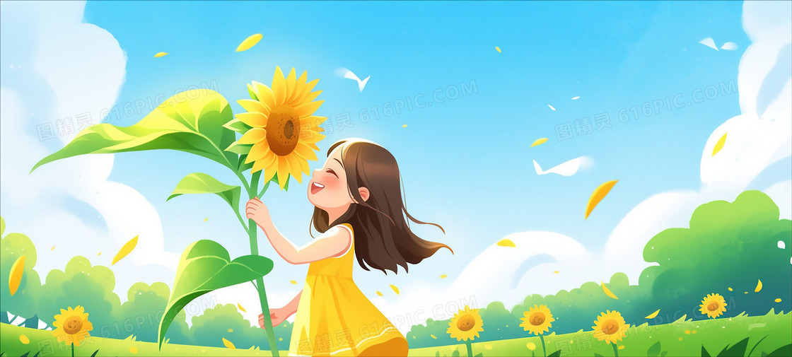 开心的小女孩手拿向日葵插画图片