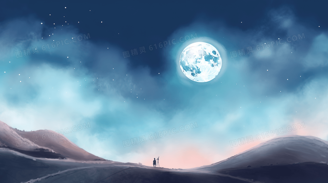 简约风蓝色唯美梦幻月亮插画