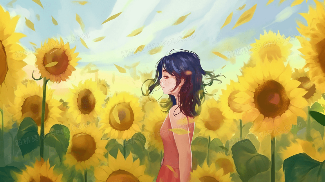卡通向日葵中的女孩风景插画