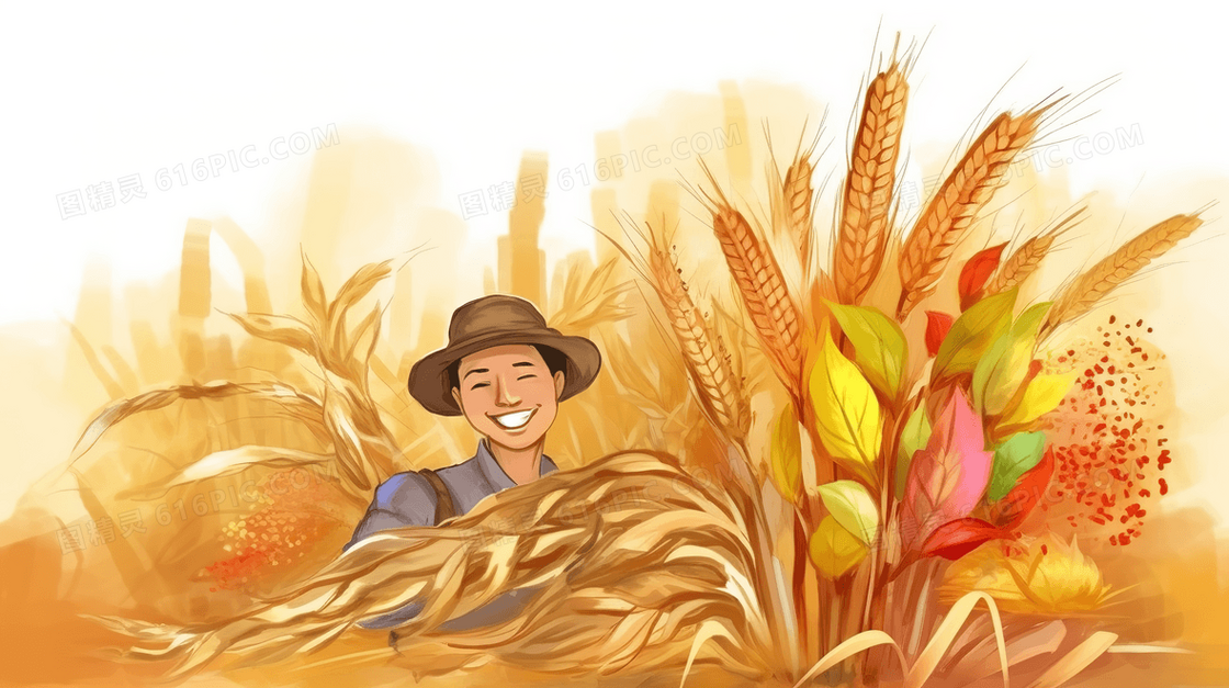 金色面带笑容收获小麦的农民插画