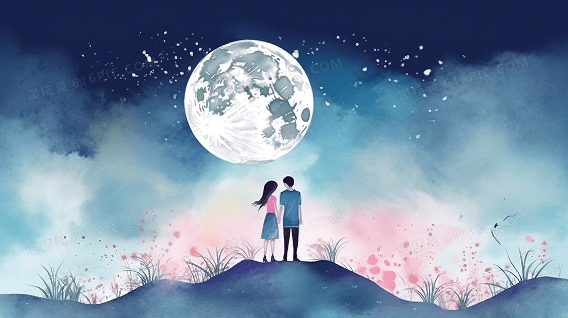 浪漫唯美月亮下的情侣卡通插画