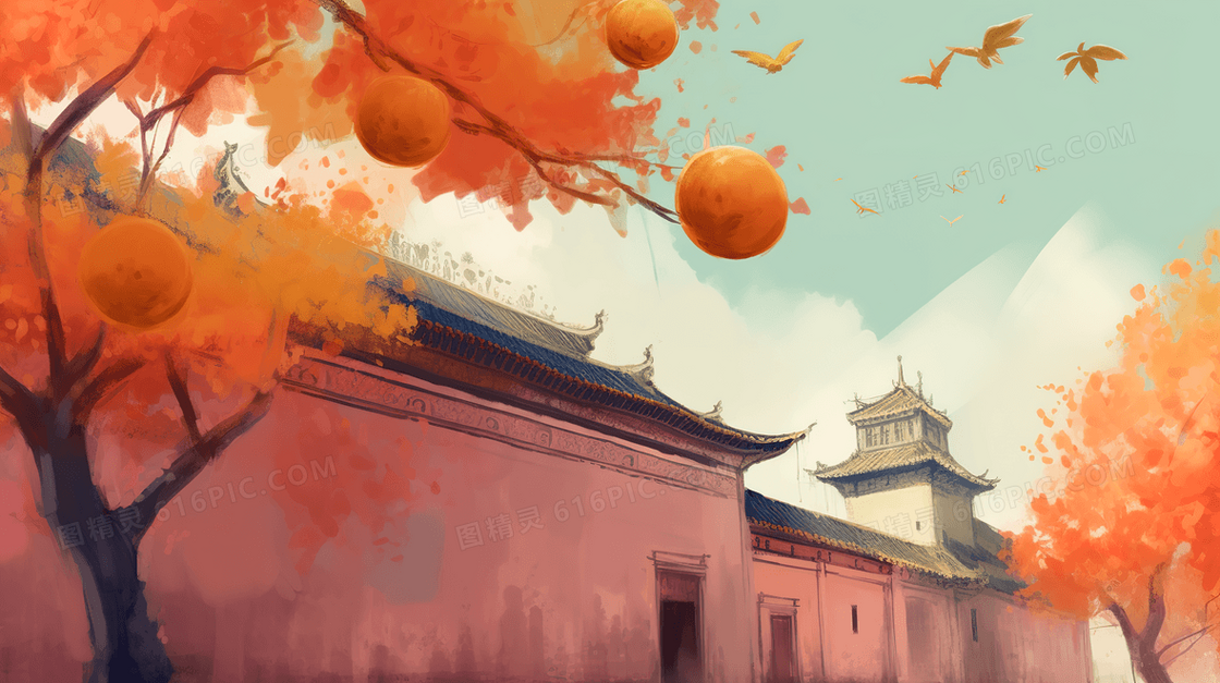 中国风古城墙外的金色柿子树卡通插画