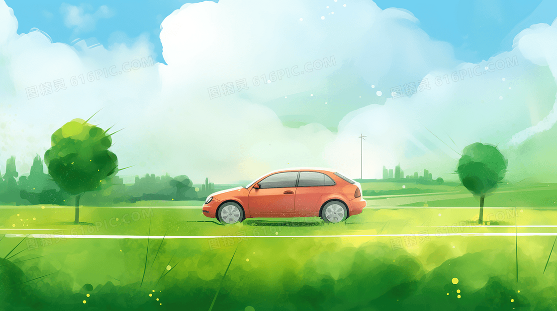 简约风行驶在绿色草地上的卡通汽车插画