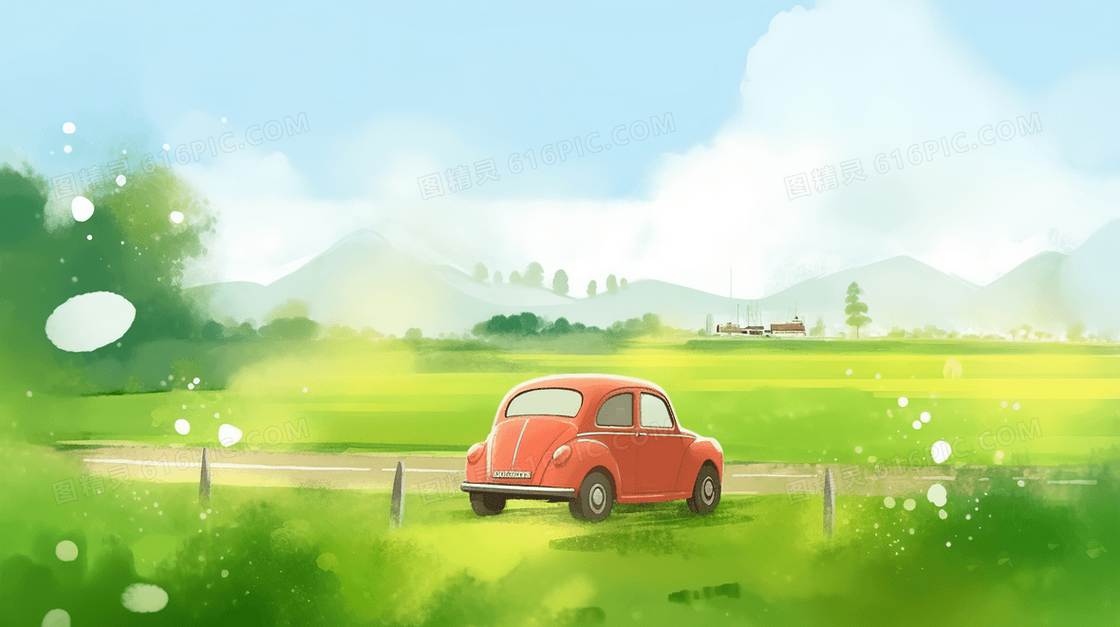 简约风行驶在绿色草地上的卡通汽车插画