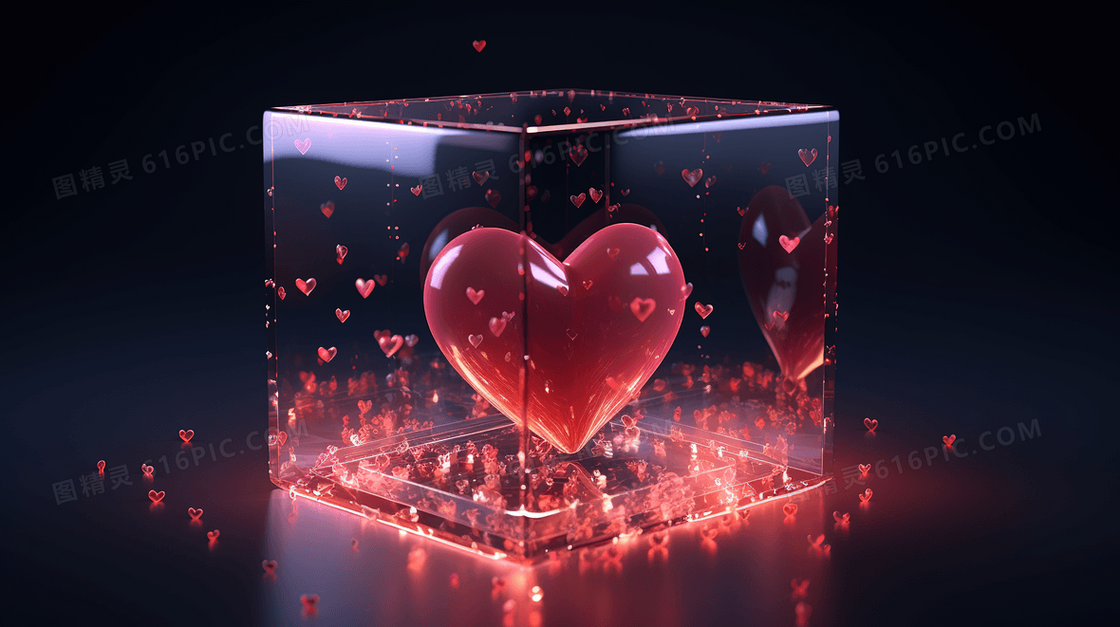 3D立体红色爱心水晶玻璃透明礼物模型插画