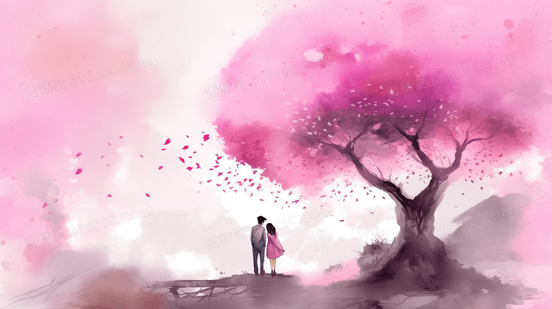 粉色唯美大树下的情侣人物插画