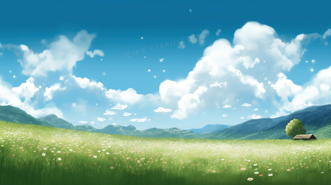 唯美蓝天白云下的草地花瓣风景插画