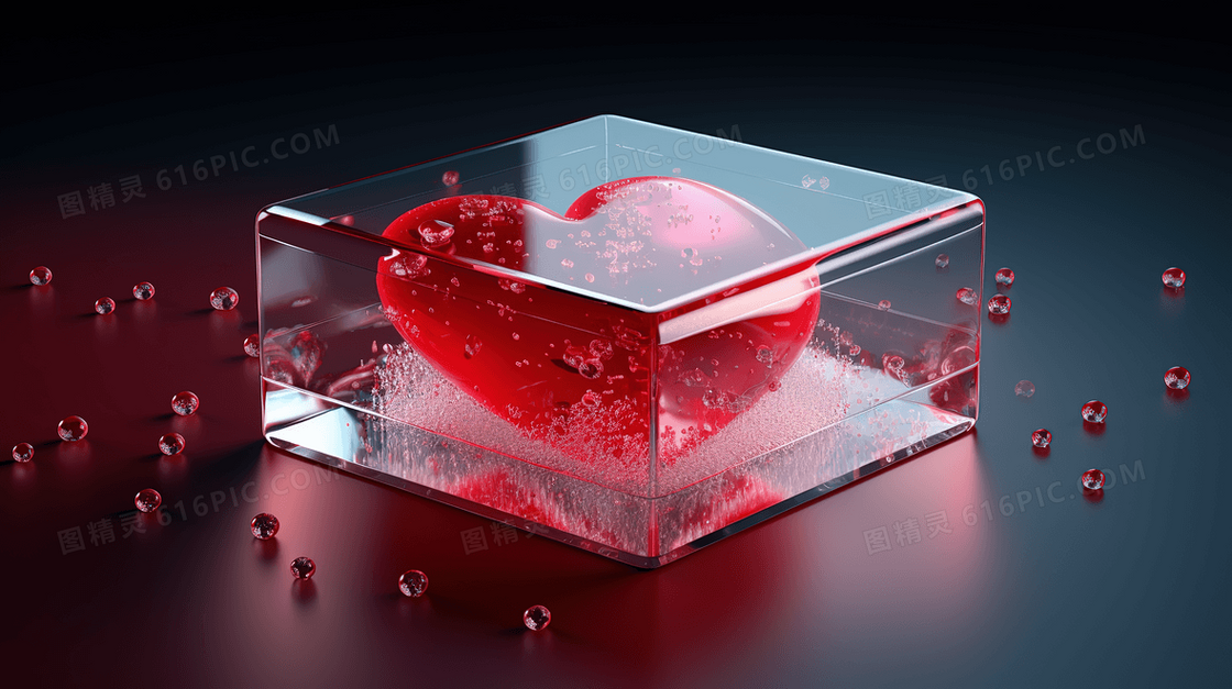 3D立体红色爱心水晶玻璃透明礼物模型插画