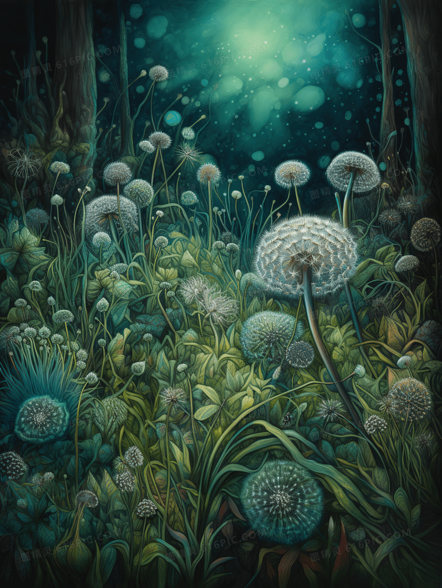 绿色唯美蒲公英植物插画