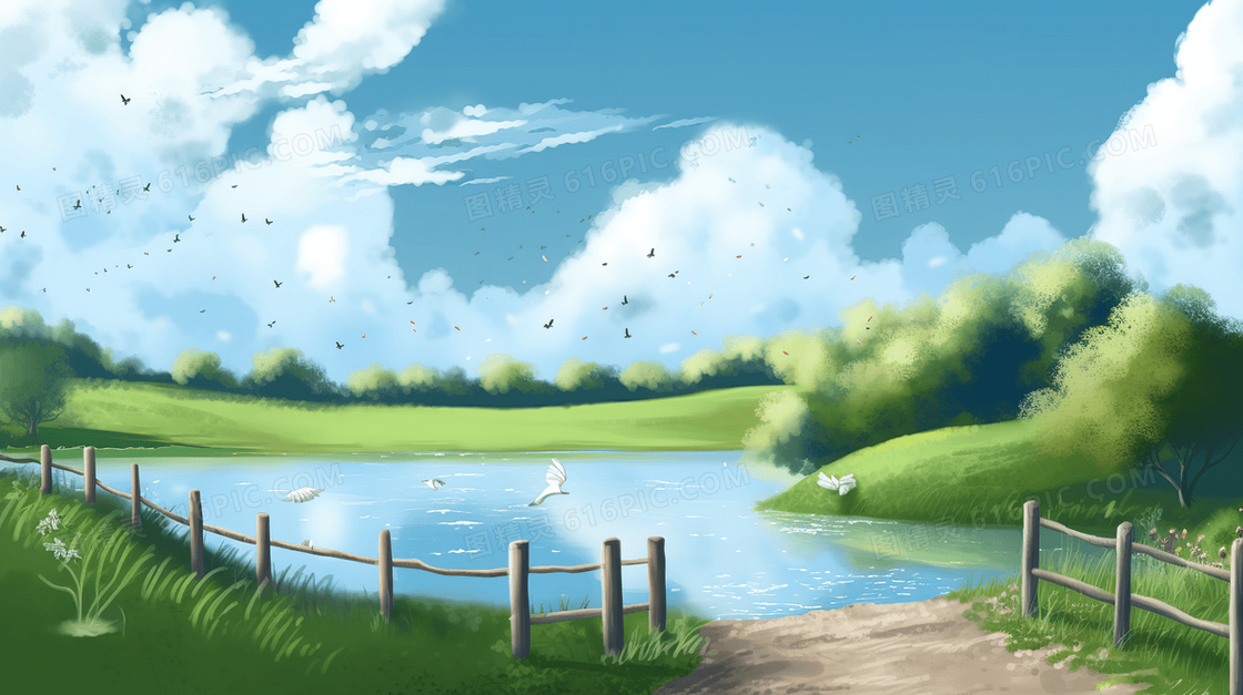 卡通唯美池塘草地风景插画