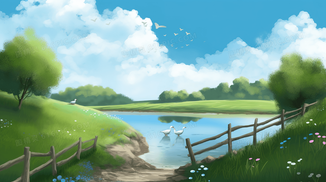 卡通唯美池塘草地风景插画