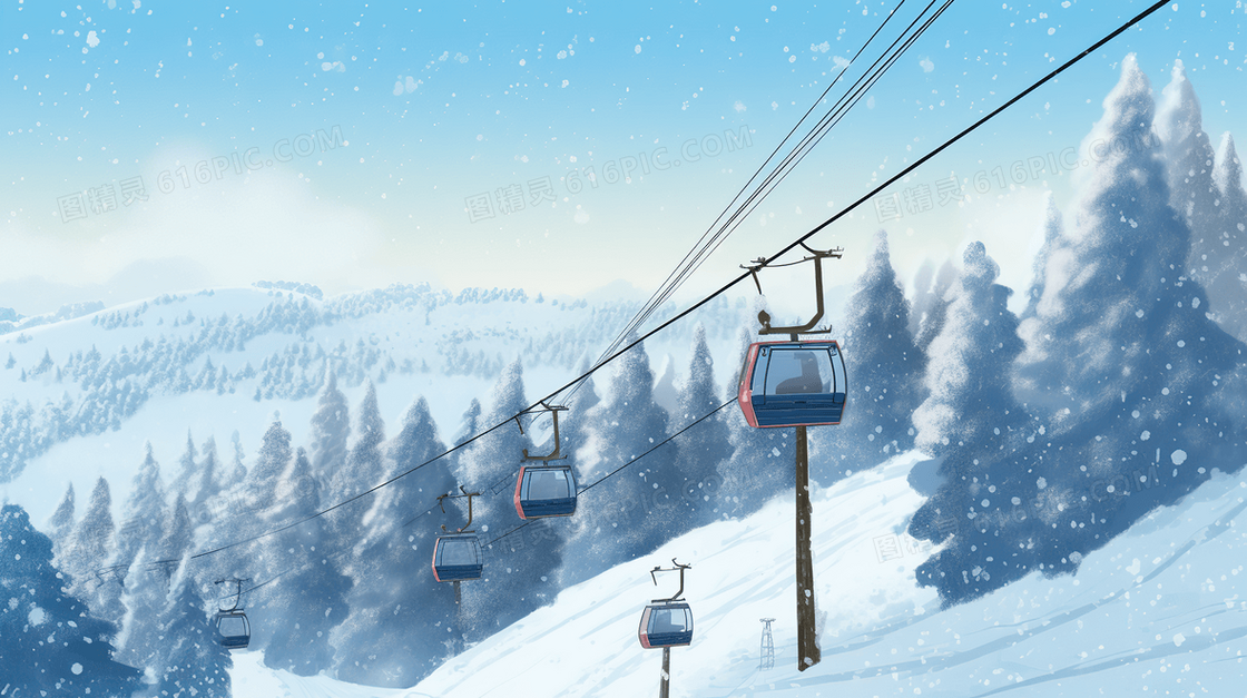 唯美雪山上的缆车风景插画