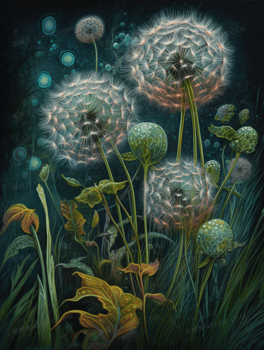 绿色唯美蒲公英植物插画