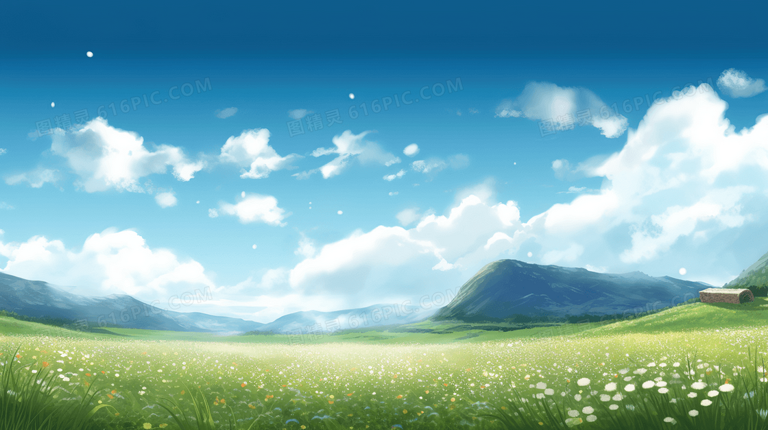 唯美蓝天白云下的草地花瓣风景插画