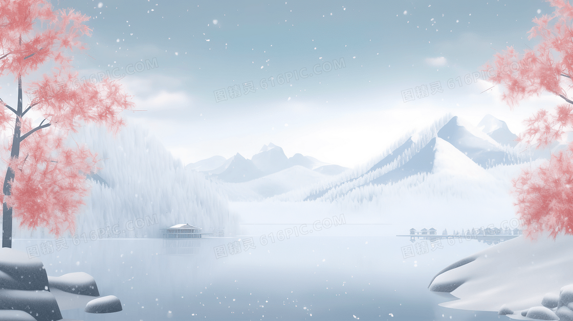 唯美冬日红色树叶雪景插画