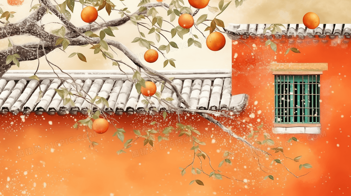 唯美红色墙头外的柿子树插画